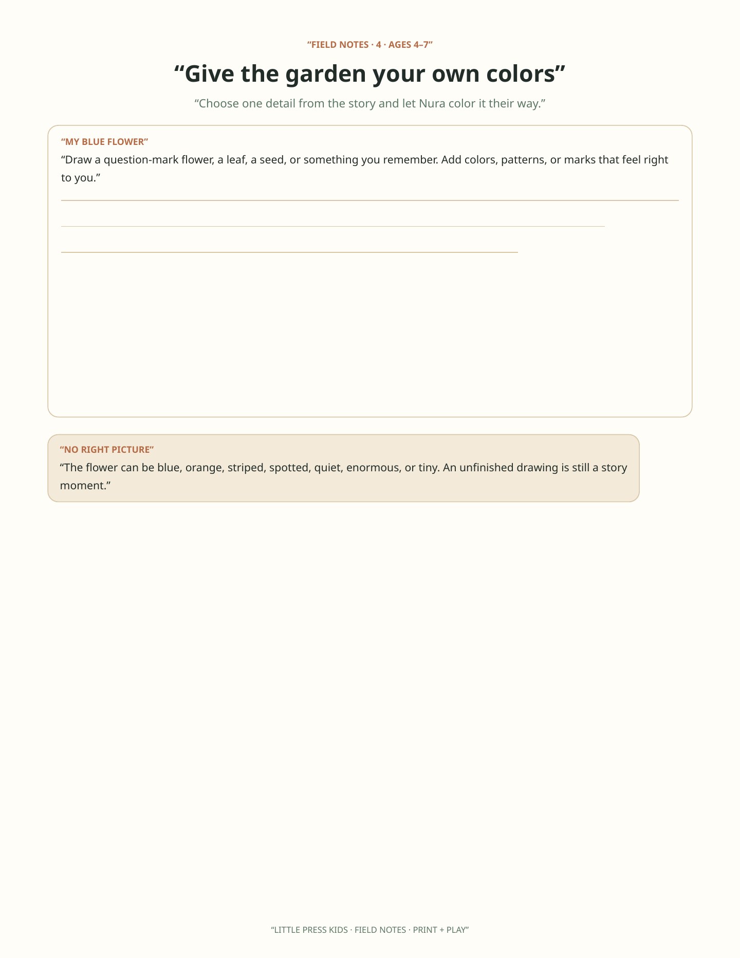 Sample Field Notes page with an open-ended garden drawing space