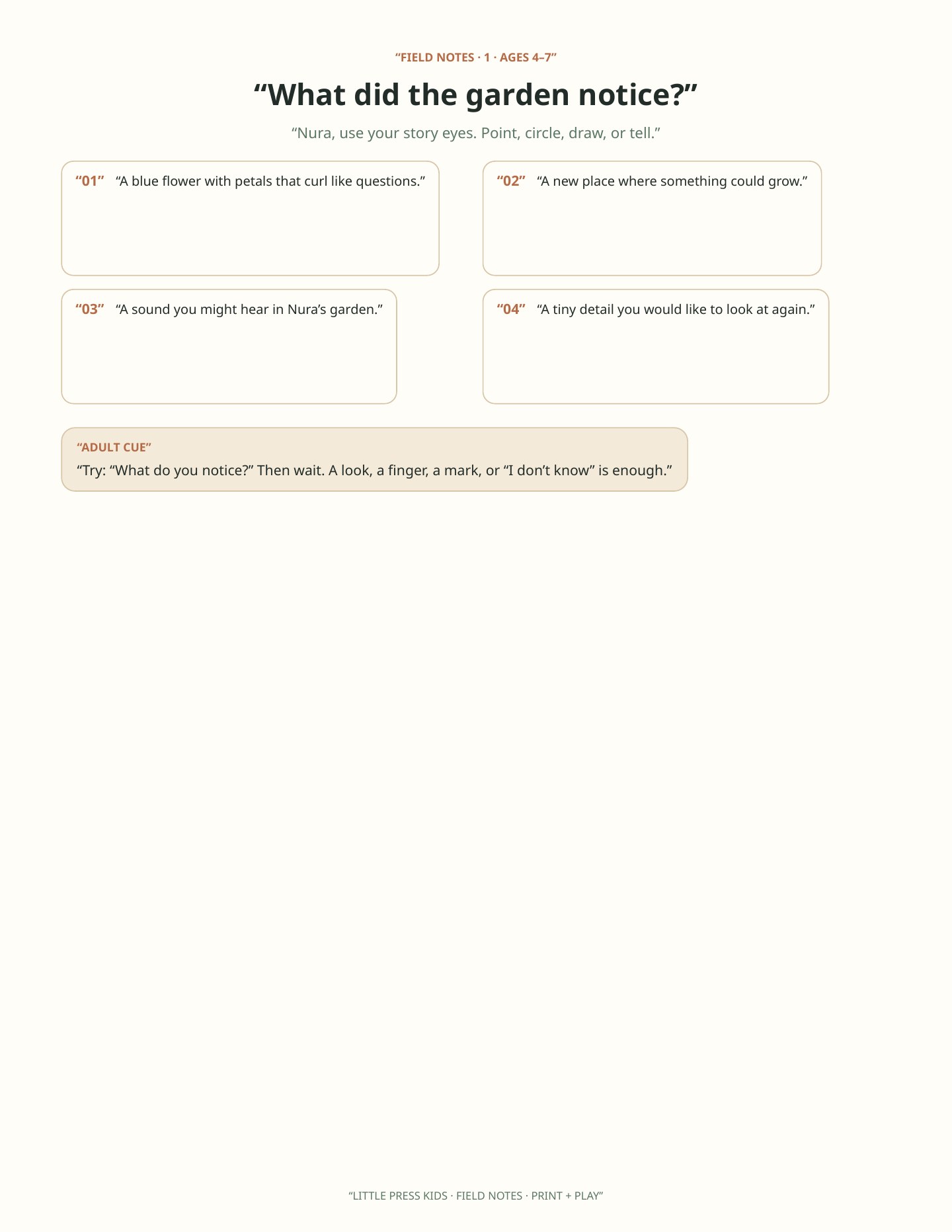 Sample Field Notes page with four garden noticing prompts