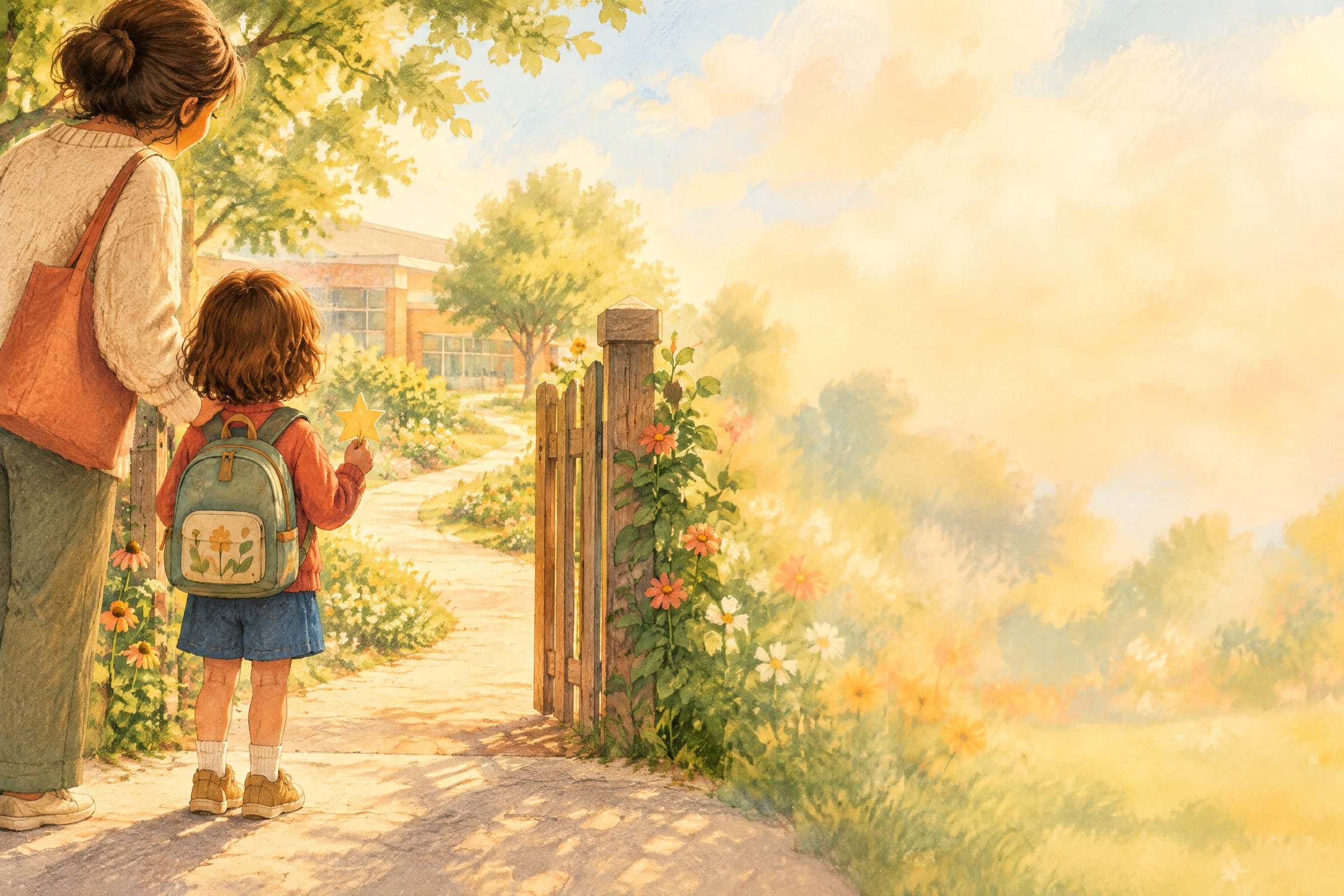 A child holding a paper star at a sunny school garden gate with a caring adult nearby