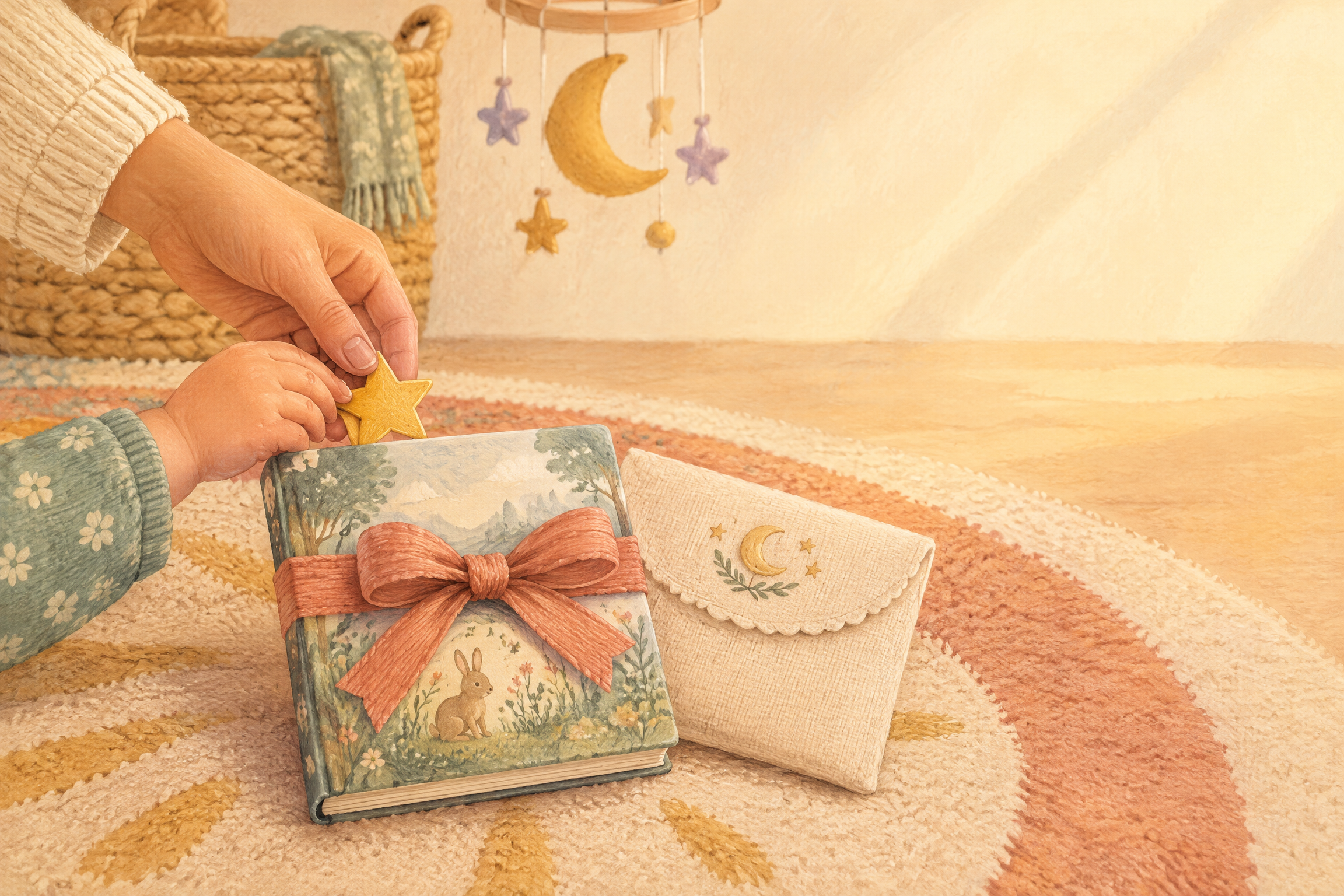 A small child and an adult placing a golden star bookmark into a wrapped storybook on a nursery rug