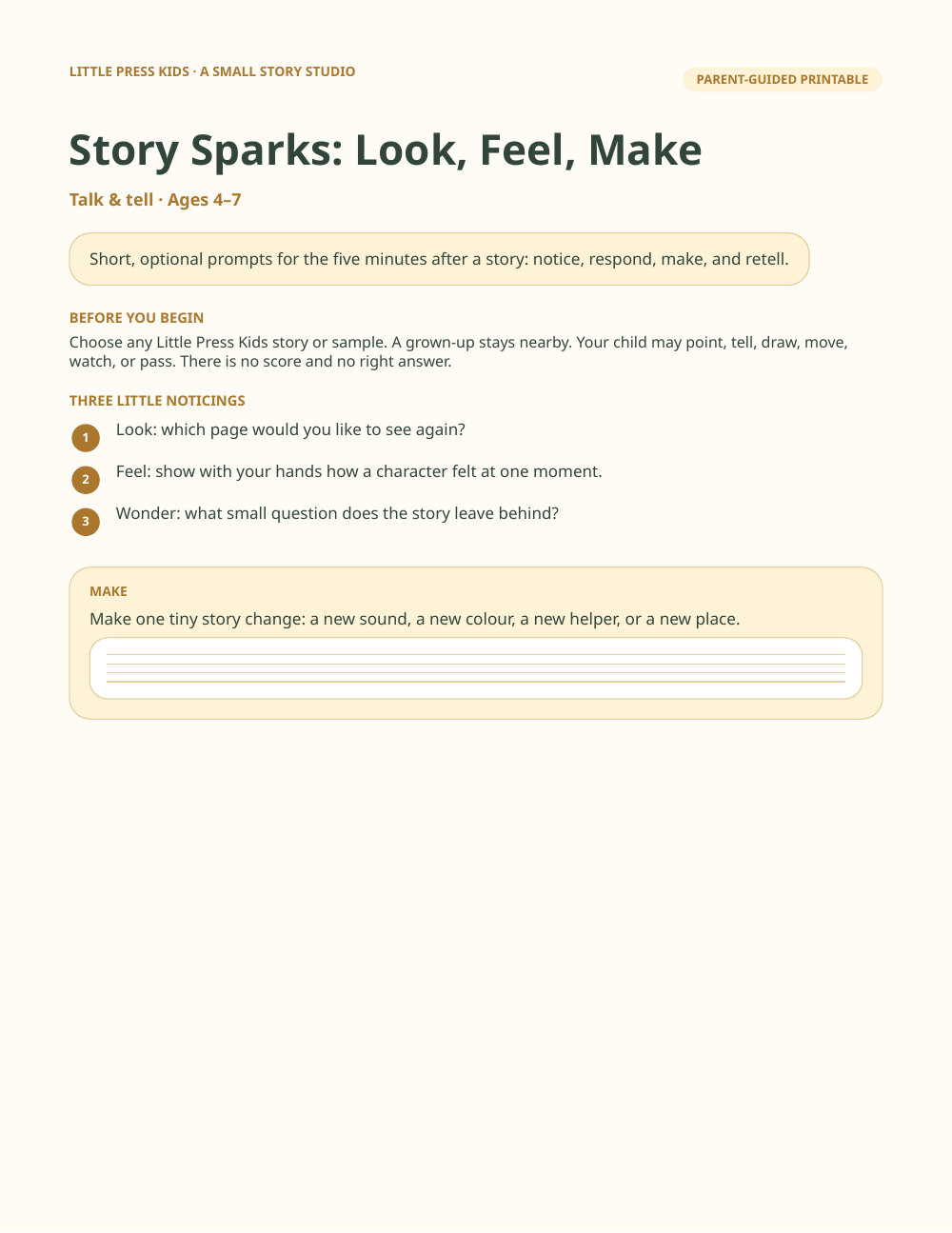 Preview page from Story Sparks: Look, Feel, Make