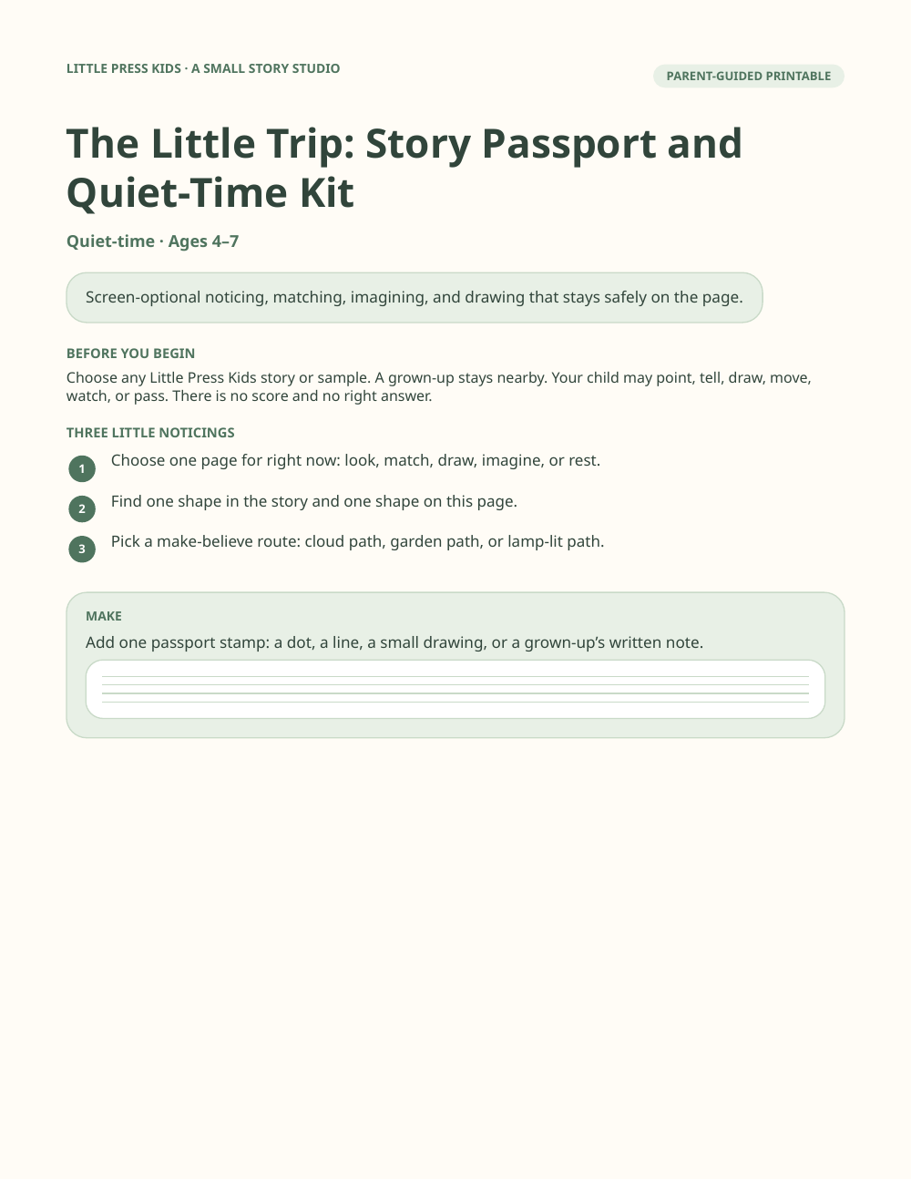 Preview page from The Little Trip: Story Passport and Quiet-Time Kit